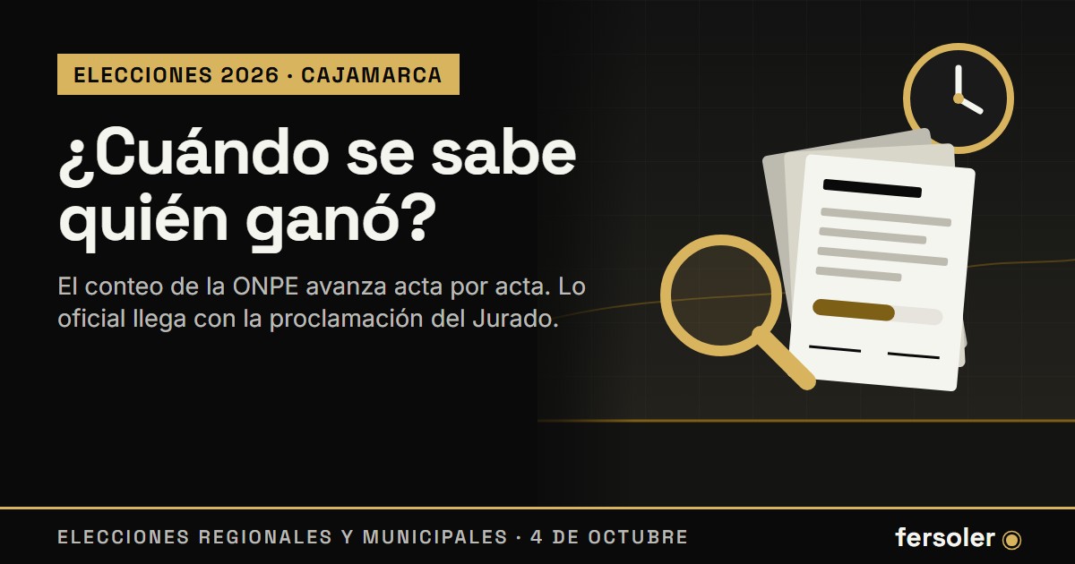 Ilustración en negro y dorado de un reloj, unas actas electorales en abanico con una barra de avance y una lupa, junto a la pregunta Cuándo se sabe quién ganó