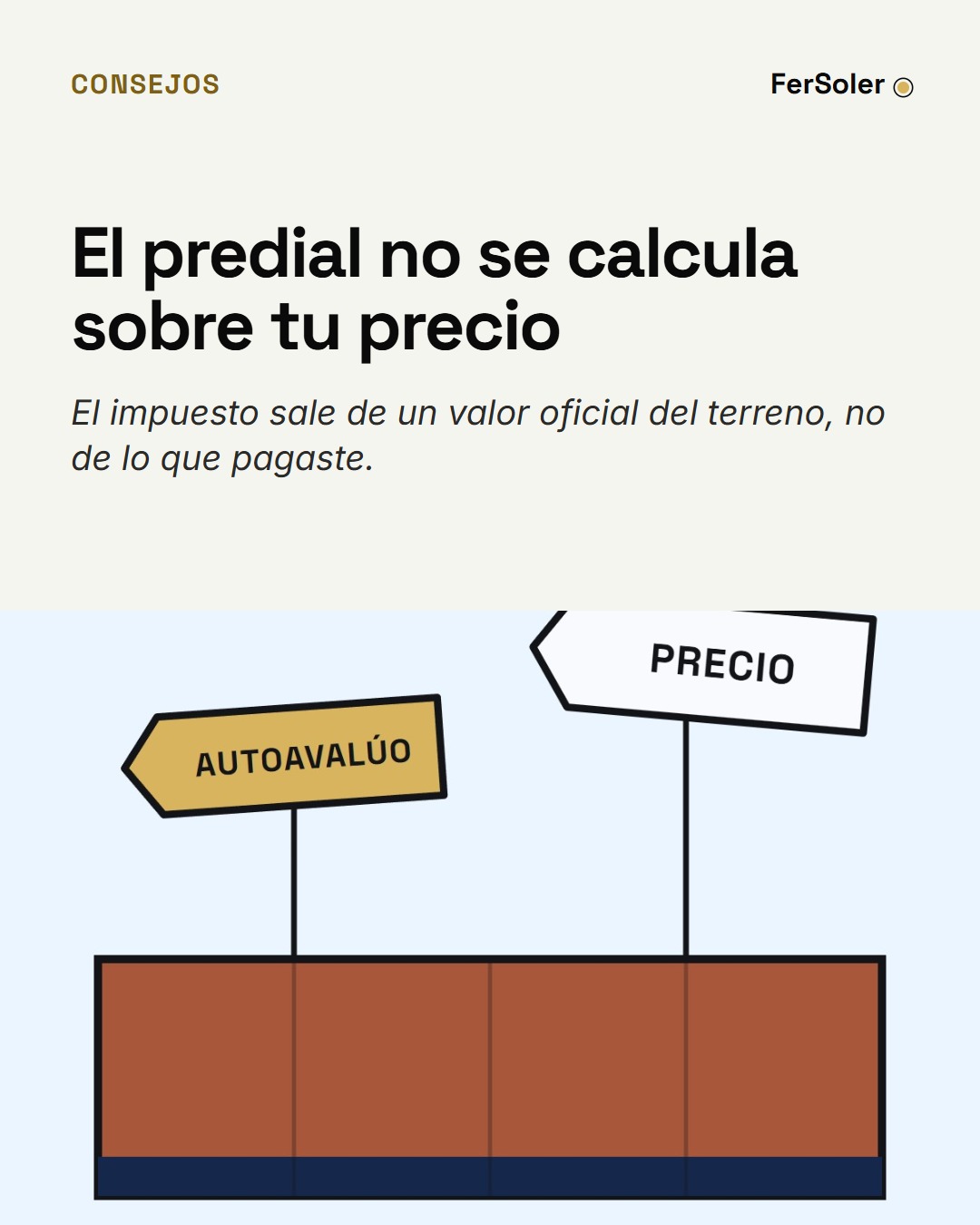 Dibujo sobre fondo azul claro. Un lote de tierra con dos carteles clavados encima, uno más chico y dorado que dice AUTOAVALÚO y otro más grande y claro que dice PRECIO.